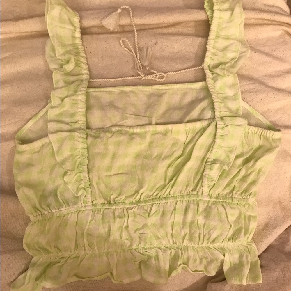 Green and white plaid crop top and tie back